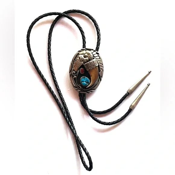 Navajo Turquoise, Coral, & Claw Bolo Tie - Picture 10 of 15